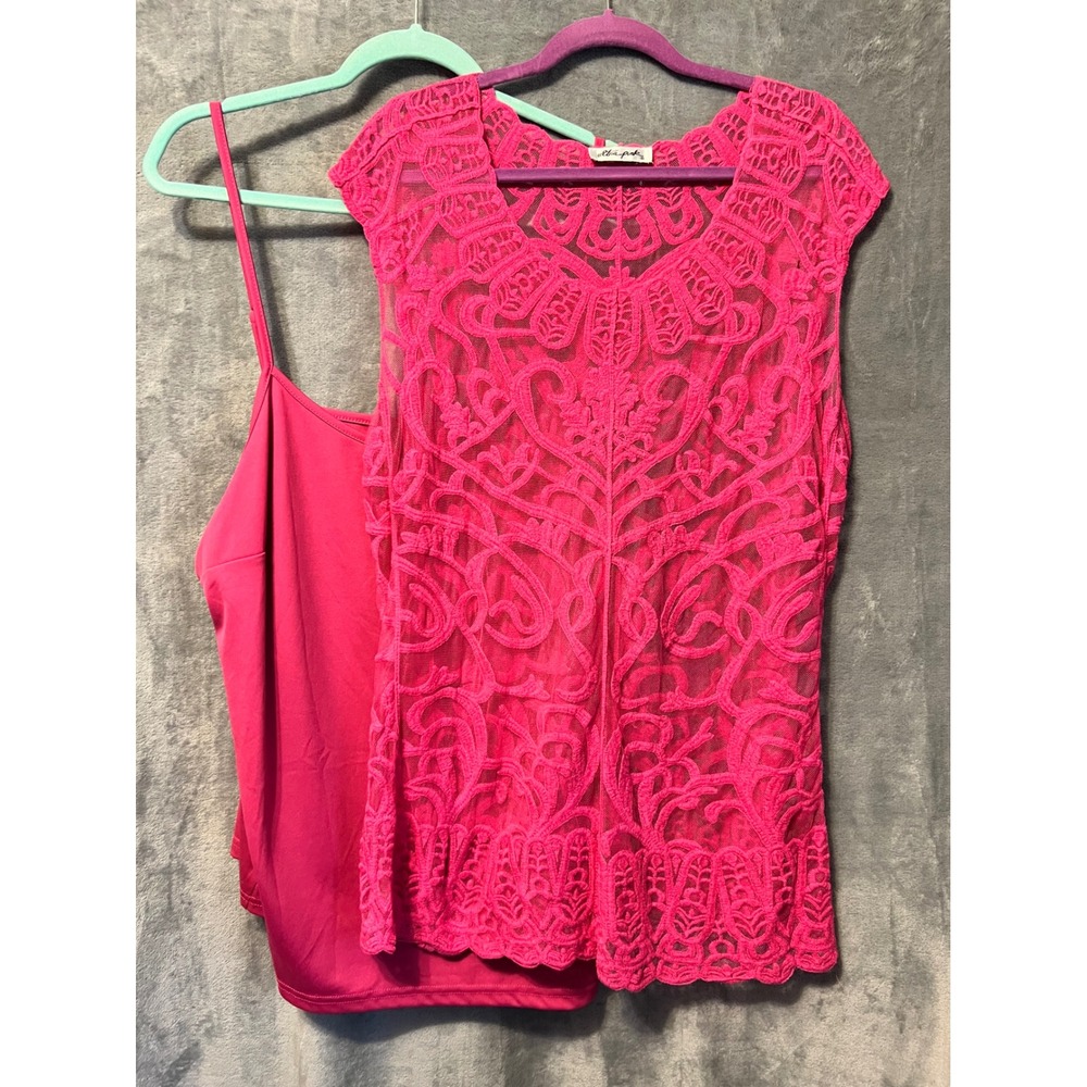 Ultra Pink Lace Tank Top Camisole Set Neon Fuchsia Layered Boho Plus XL 1x